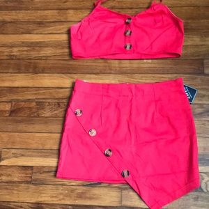 Red crop top skirt set